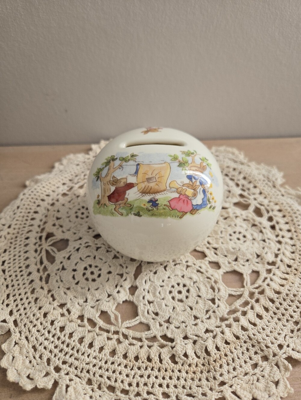 Vintage Royal Doulton Bunnykins Ceramic Money Ball Coin Bank - Rug Beating Scene